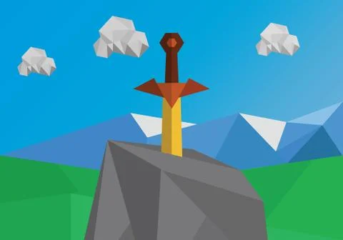 Sword in stone polygonal landscape Stock Illustration