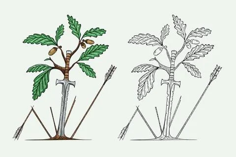 A sword stuck in the ground with oak branches Stock Illustration