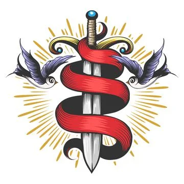 Sword with Swallows Tattoo Stock Illustration