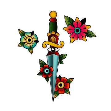 Sword tattoo. Old school dagger. Flowers with leaves. Traditional tattooing e Stock Illustration
