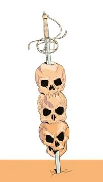 Sword threading three skulls  Illustrazione stock
