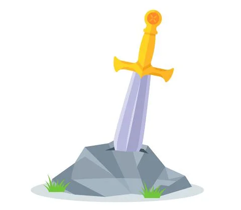 The sword is thrust deep into the stone. the myth of arthur. Stock Illustration
