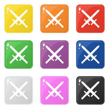 Sword weapon icons set 9 colors isolated on white. Collection of glossy squar Illustrazione stock