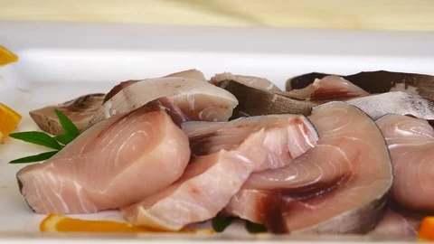 Swordfish cut with basil and lemon, buffet composition Stock Footage 112714583