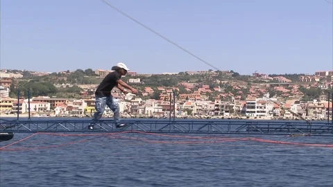 Swordfish hunter in action running on the catwalk to catch the harpoon Video stock 79754391