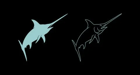 Swordfish marine fish solid silhouette and line art outline illustration Stock Illustration