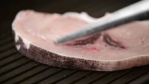 Swordfish steak portion on a grill pan frying Stock Footage 153312317