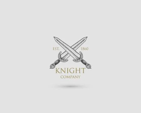 Swords Logo, medieval knight dagger antique vintage symbol , engraved hand drawn Stock Illustration