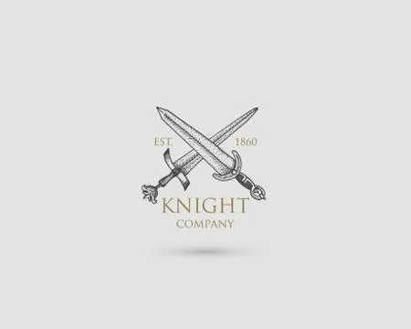 Swords Logo, medieval knight dagger antique vintage symbol , engraved hand drawn Stock Illustration