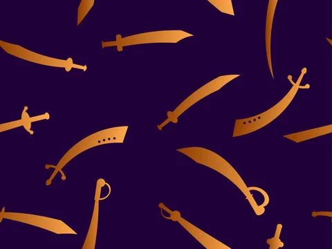 Swords seamless pattern. Curved and straight swords, gradient colors. Ancie.. Illustrazione stock