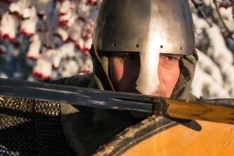 Swordsman is protected by a shield in the winter forest Stock Photos
