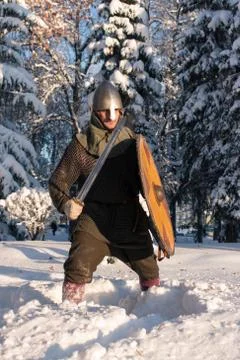 Swordsman in the winter forest in armor Stock Photos
