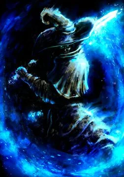 A swordsman, a wizard in a hat, makes a swing with a magic glowing blade, he  イラスト素材