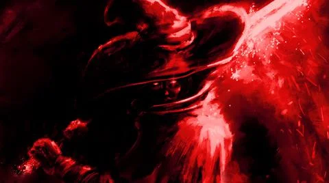 A swordsman, a wizard in a hat, makes a swing with a magic glowing blade, he  Illustration