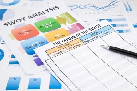 Swot analysis document, flow chart and business graphs Stock Photos