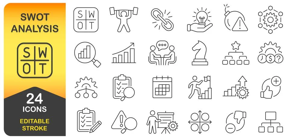 SWOT Analysis Editable Stroke Line Icon Set. Strengths, Weaknesses Stock Illustration
