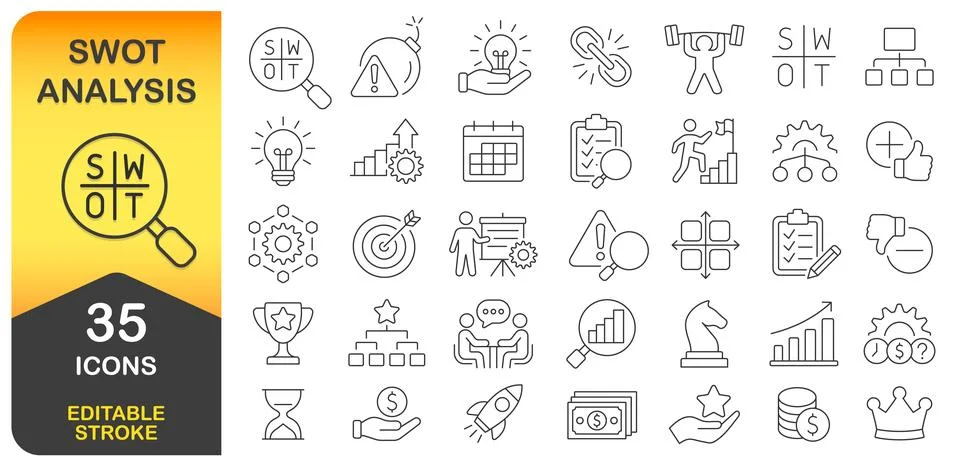 SWOT Analysis Editable Stroke Line Icon Set. Strengths, Weaknesses Illustrazione stock