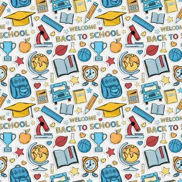 Sxhool pattern Sticker school pattern.Hat graduate, basketball,alarm clock... Foto stock