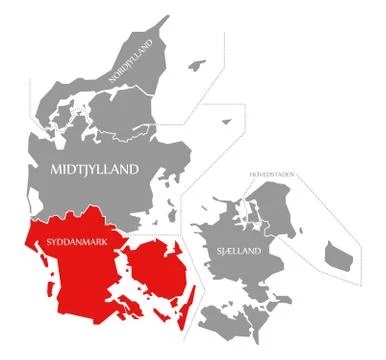 Syddanmark red highlighted in map of Denmark Stock Illustration