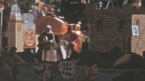Sydney - 1961: Parade float with cartoon characters in Waratah Spring Festival Stock Footage 299734863