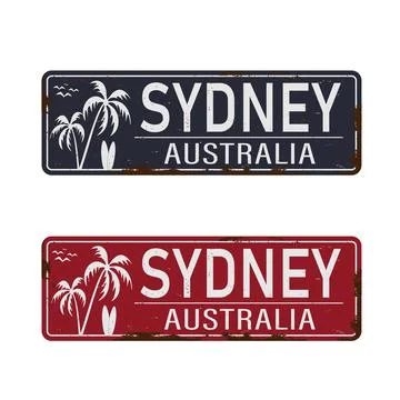 Sydney Australia tin rusty web sign set on white background Stock Illustration