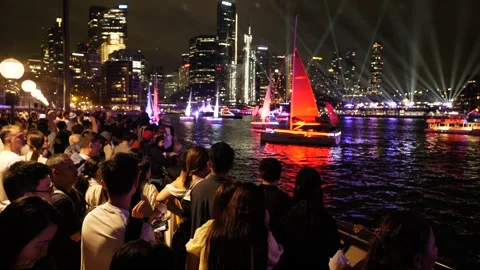 Sydney crowds watch a spectacular night show on Australia Day 6K Stock Footage 330458246
