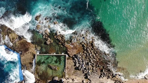Sydney Curl Curl oceanic pool top down aerial view Stock Footage 121148974