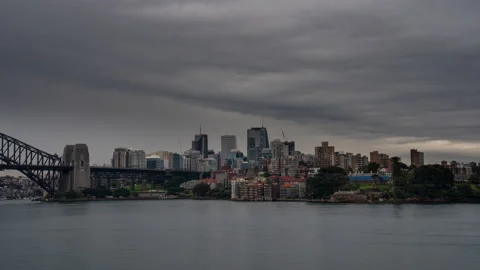 Sydney Downtown Storm Low Clouds Timelapse Stock Footage 138613630