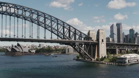 Sydney Harbor Bridge - Train crossing bridge, daytime - Drone Aerial Stock Footage 234835001
