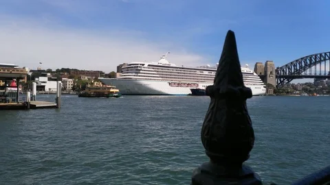 Sydney harbor bridge, UHD handheld view of boats and a ship, in front of the  Stock Footage 87129950