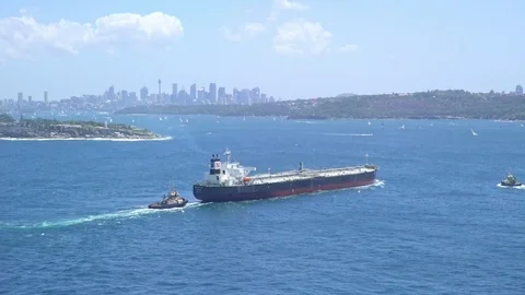 Sydney harbor with a cargo ship sailing in Stock Footage 90497023