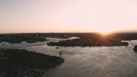 Sydney Harbor looking west at sunset pink sky - Aerial Drone Stock Footage 235308152