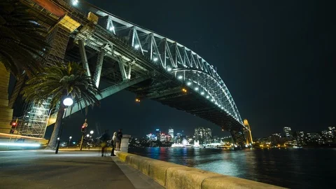 The Sydney Harbour Bridge and Luna Park from Hickson Road Reserve Stock Footage