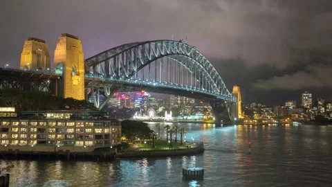 Sydney Harbour Bridge and Opera House Time Lapse with City Lights at Night Stock Footage 341672974