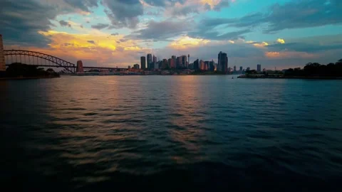 Sydney Harbour Bridge area evening capture aerial view with sun light Stock Footage 156161860