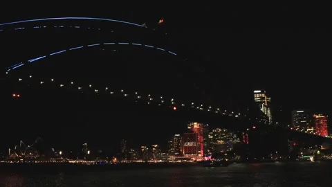Sydney Harbour bridge light show projection panorama to Barangaroo in Australia Stock Footage 310872604