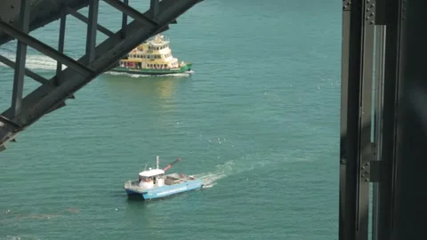 Sydney Harbour Bridge Overhead View with Ferries and Harbour Traffic, Australia Stock Footage 345723725