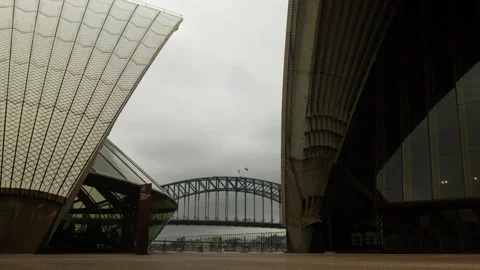 Sydney Harbour bridge seen through Opera House gap zoom in 4K Video stock 304570376