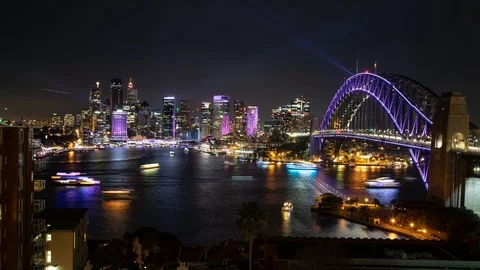Sydney Harbour night timelapse during VIVID Stock Footage