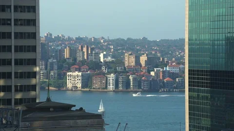 Sydney harbour through buildings Stock Footage 76533599