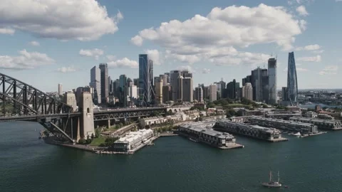 Sydney Harbour view - Tracking in to Walsh Bay - Aerial Drone Stock Footage 234992604