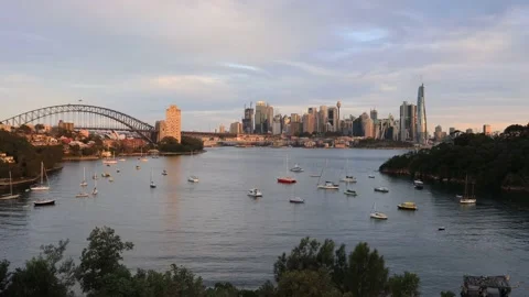 Sydney landmarks from Balls Head elevation over Harbour zooming in in 4k. Stock Footage 136516219