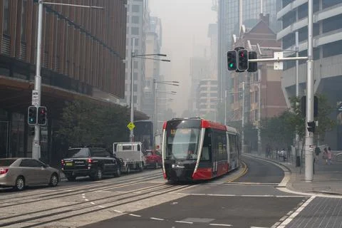 Sydney Light Rail Release date in Smoke damaged Streets of Sydney Stock Photos
