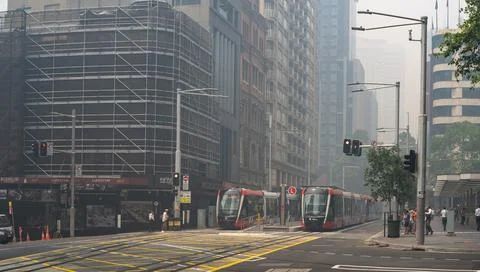 Sydney Light Rail Release date in Smoke damaged Streets of Sydney Stock Photos