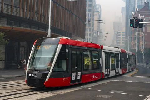 Sydney Light Rail Release date in Smoke damaged Streets of Sydney Stock Photos