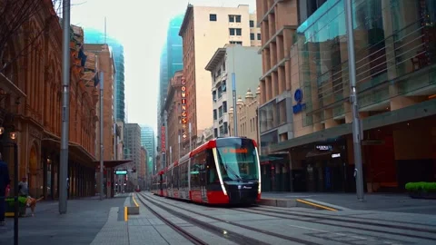 Sydney light rail tram passing through city streets,Australia, 8 Aug 2020 Stock Footage 288056111