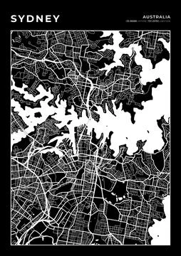 Sydney Map Wall Art Frame, Cartography Map Print, City Layout Map Stock Illustration