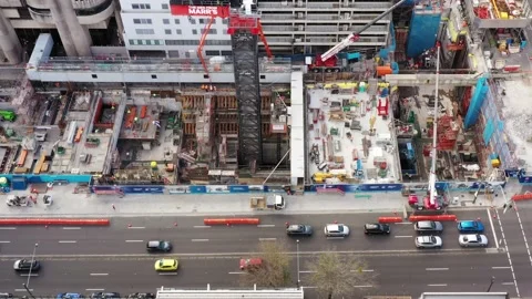 Sydney Metro Crows Nest train station construction site of Australia aerial 4k. Stock Footage 229929187