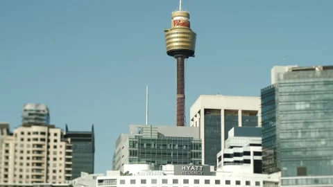 Sydney Observation Tower above Hyatt Regency tilt shift slow motion 4K Video stock 202074341