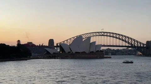 Sydney Opera and Harbour Bridge City Landmarks at Sunset, Australia Stock Footage 334939356